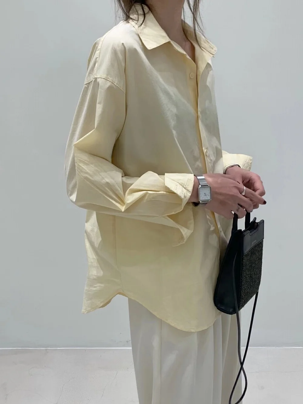 Top in Cotone da Donna, Ampio e Versatile, Semplice e Alla Moda, con Colletto Francese e Maniche Lunghe