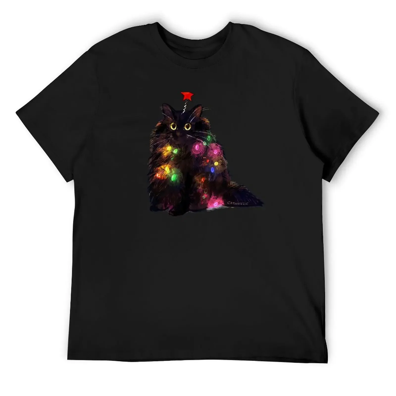 

12 Day of Catmas Day 1: Christmas Lights Black Cat T-Shirt funny costumes anime t shirts black t shirts for men