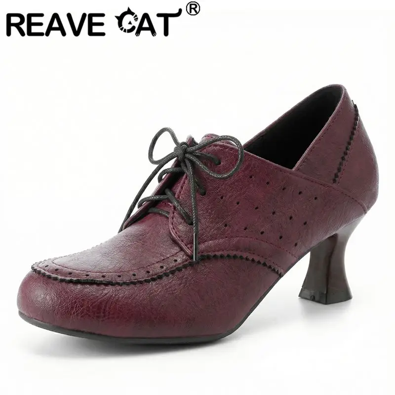 REAVE CAT Yellow Female Pumps Round Toe 6cm Chunky Heel Lace Up Extended Size 46 47 48 49 50 Handmade Casual Daily Women Shoes