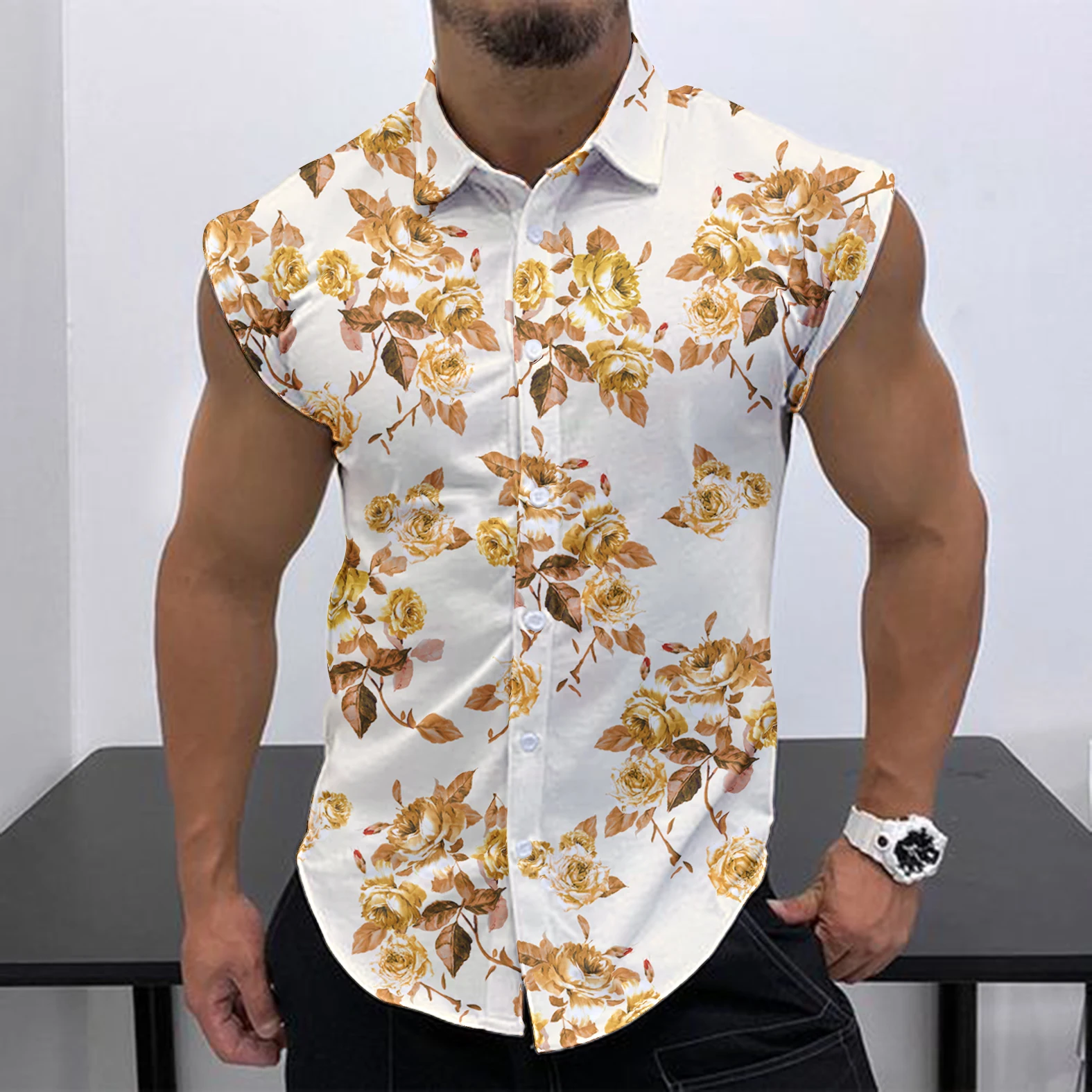 2023 Summer New Men\'s Sleeveless Shirt Fashion Trend HD 3D Printing Street Leisure Beach Holiday Party Button Quick Drying Shirt