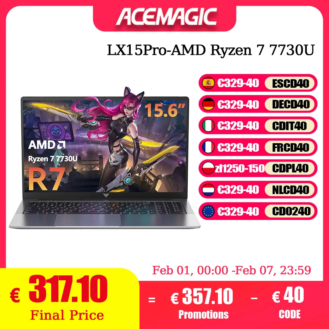 ACEMAGIC Computer portatile AMD Ryzen 7 7730U Windows Laptop 15,6 pollici IPS 16 GB DDR4 512 GB NVMe SSD Tastiera numerica