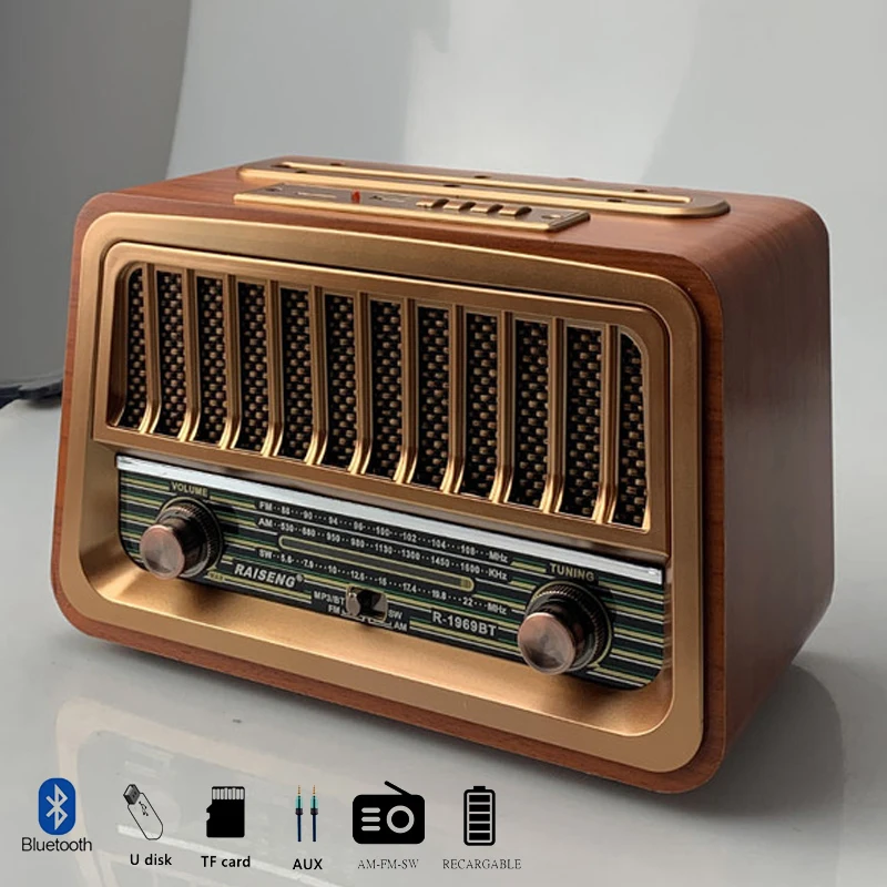 Wooden Retro Wireless Bluetooth Speaker High Quality Portable Home Tri-frequency FM Radio Subwoofer Mobile Phone TF Card USB Aud