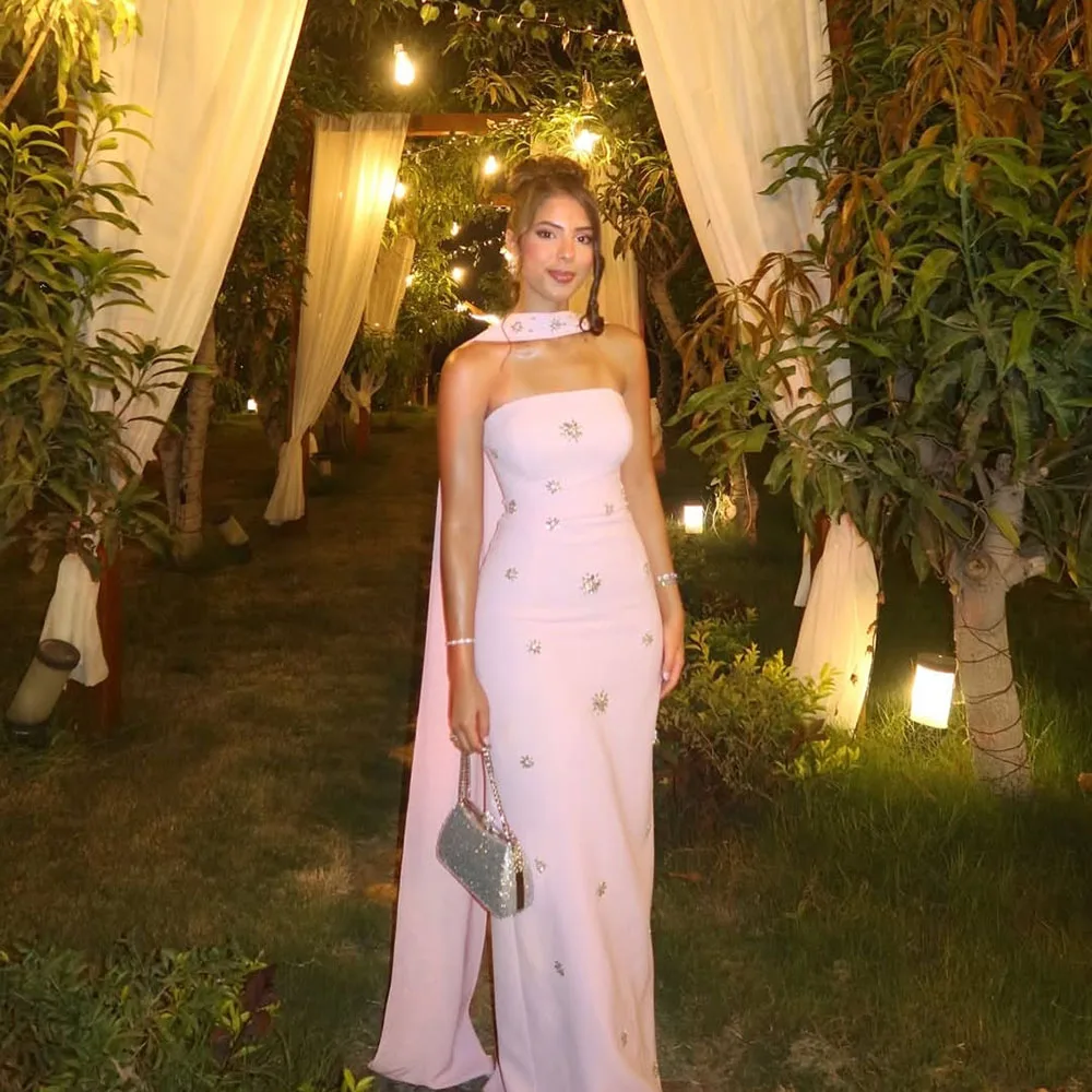 

Msikoods Pink Prom Dresses 2025 Strapless Wedding Guest Dress Beaded Long Cape Party Gown Mermaid Evening Dress Customized