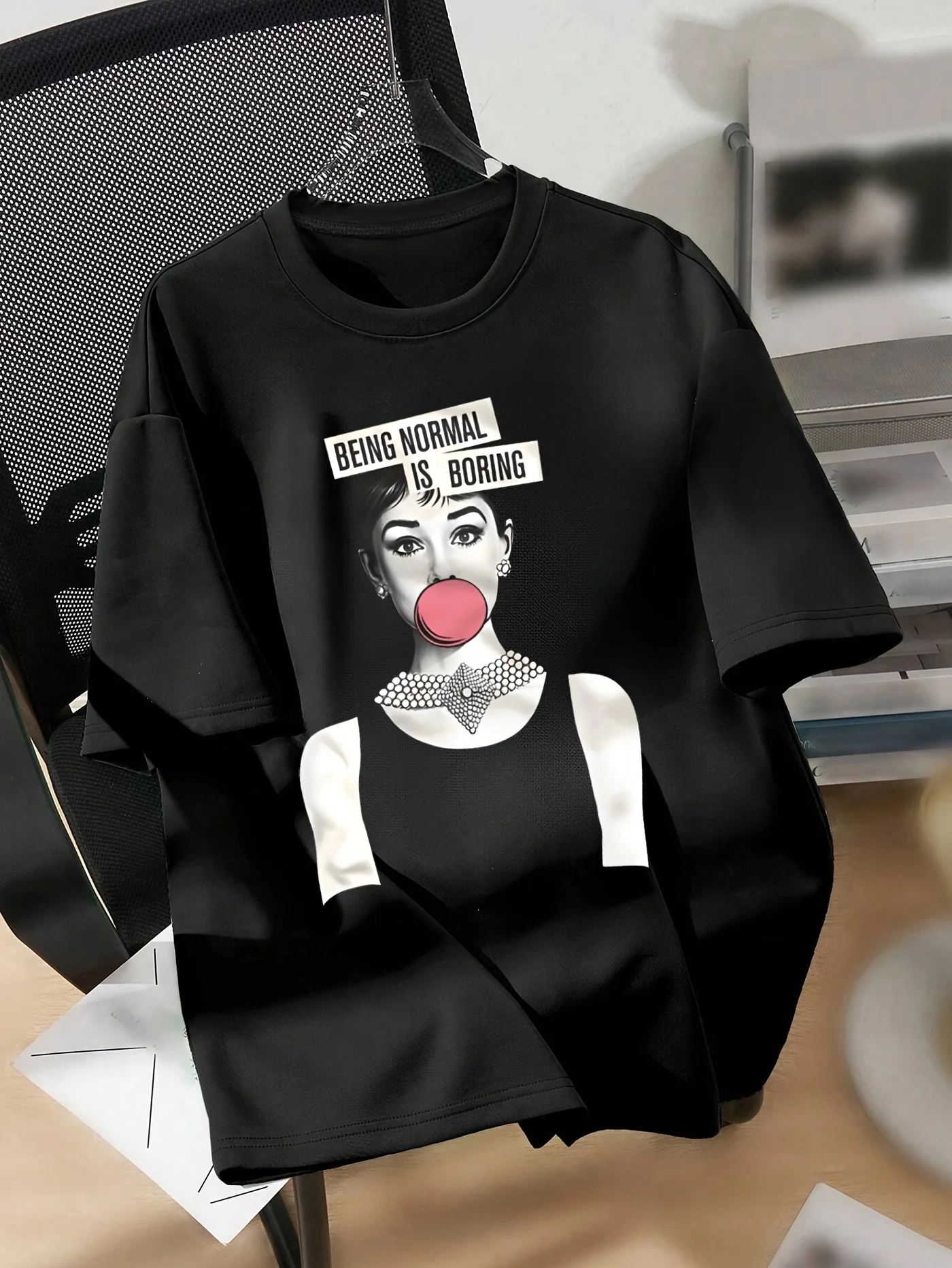

Women's Size Black Casual T-Shirt - Portrait Print with "BEING NORMAL IS BORING" Slogan, Loose Fit Round Neck Short Sleeve,