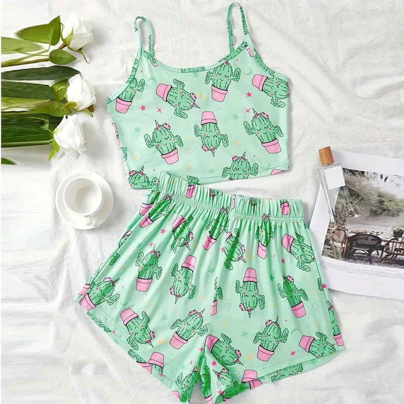 Women's Pajama Set Pajamas 2 Piece Tank Top Shorts Green Breathable Soft Casual Cactus Print Home Clothes