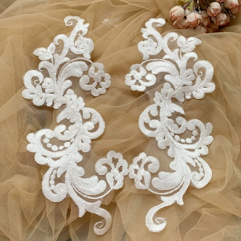 Lace Applique for Sewing, Ivory Flower, Floral, Venice, Venise, Cotton, Trims, DIY Craft, 13x32cm, 1Mirror, 2PCs