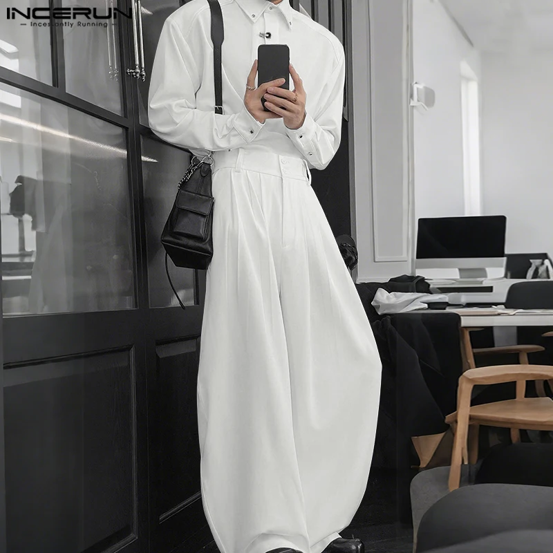 Incerun conjuntos masculinos cor sólida estilo coreano solto lapela manga longa camisa & calças 2 pçs streetwear 2025 moda casual ternos masculinos