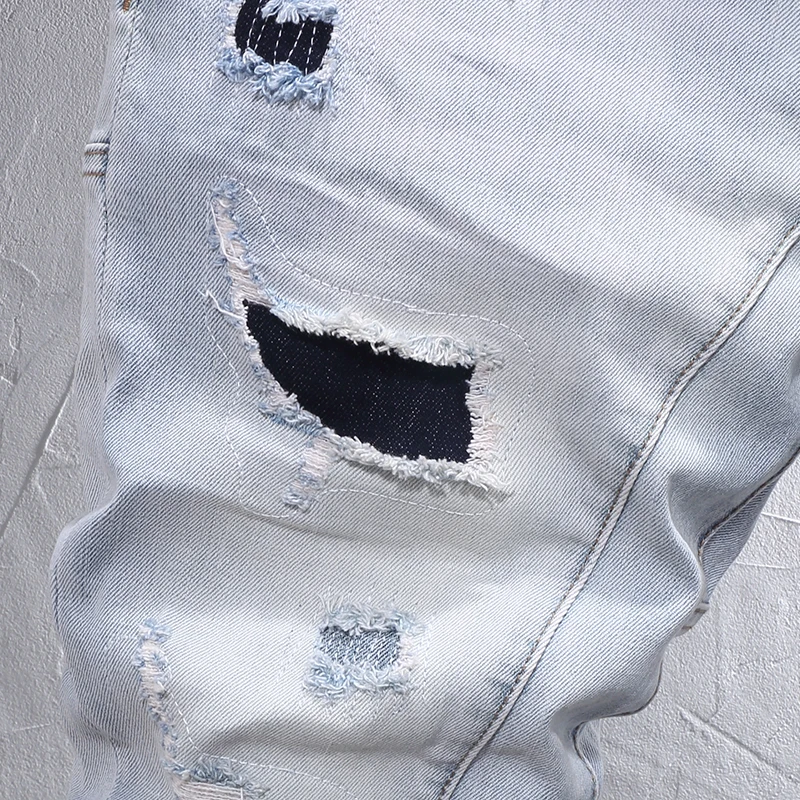 

y2kFashion Men Jeans Retro Light Blue Stretch Slim Fit Hole Patched Ripped Jeans Embroidery Designer Hip Hop Denim Pants Men