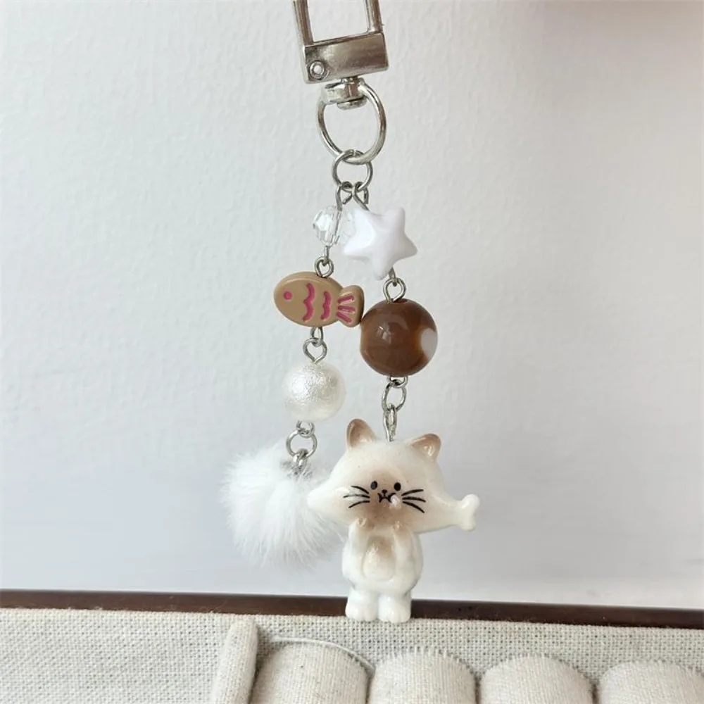 Stylish Y2K Cat Phone Chain Mobile Lanyard Cat Figurine Hairball Bead Pendant Bag Charm Cute Fur Ball Key Ring Girls Gift