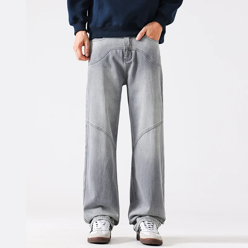 

2026, весенне-осенние новые лоскутные прямые джинсы из 100% хлопка для мужчин, одежда, однотонные брюки на молнии