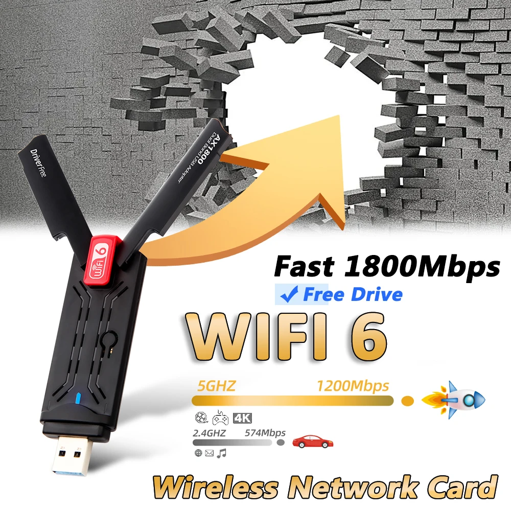 

1800Mbps WIFI 6 USB Network Card Wireless Wi-Fi Dongle 3.0 USB Adapter 2.4G/5GHz Dual Band 802.11AX WiFi Adapter For Windows 11