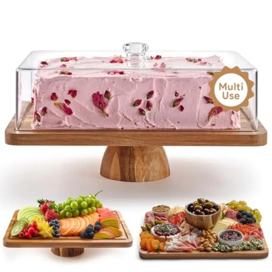 

Acacia Wood Cake Stand with Lid - Rectangular Cake Holder, 2-in-1 Dessert Table Display Set & Charcuterie Board for Cheese, Chip