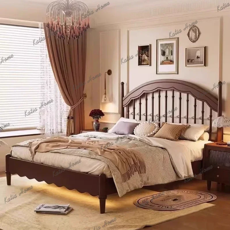 LJY Medieval Windsor Bed Vintage American Style 3DWave Carving Craftsmanship Double Bed Solid Wood Furniture Bedroom Frame Struc