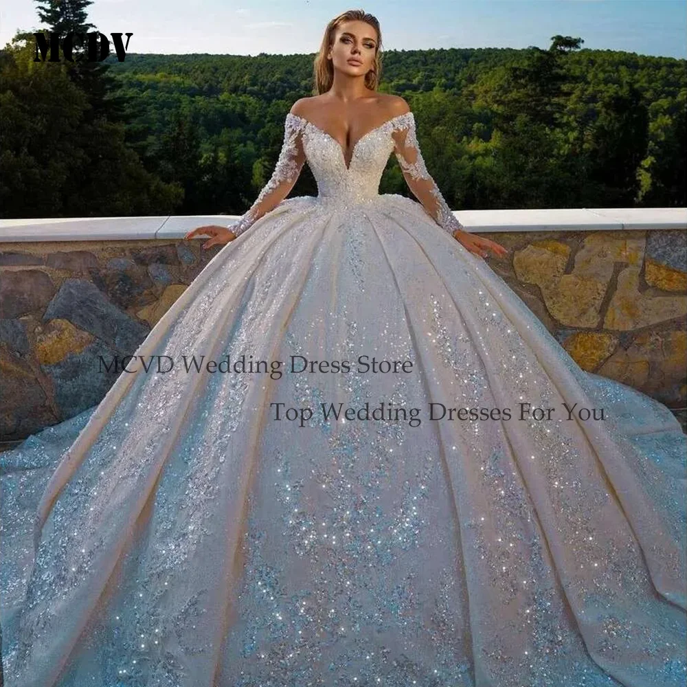 

MCDV Customized V-Neck Wedding Dresses Off Shoulder Long Sleeve Shiny Beaded Sequins Lace Princess Ball Gown vestido de novia