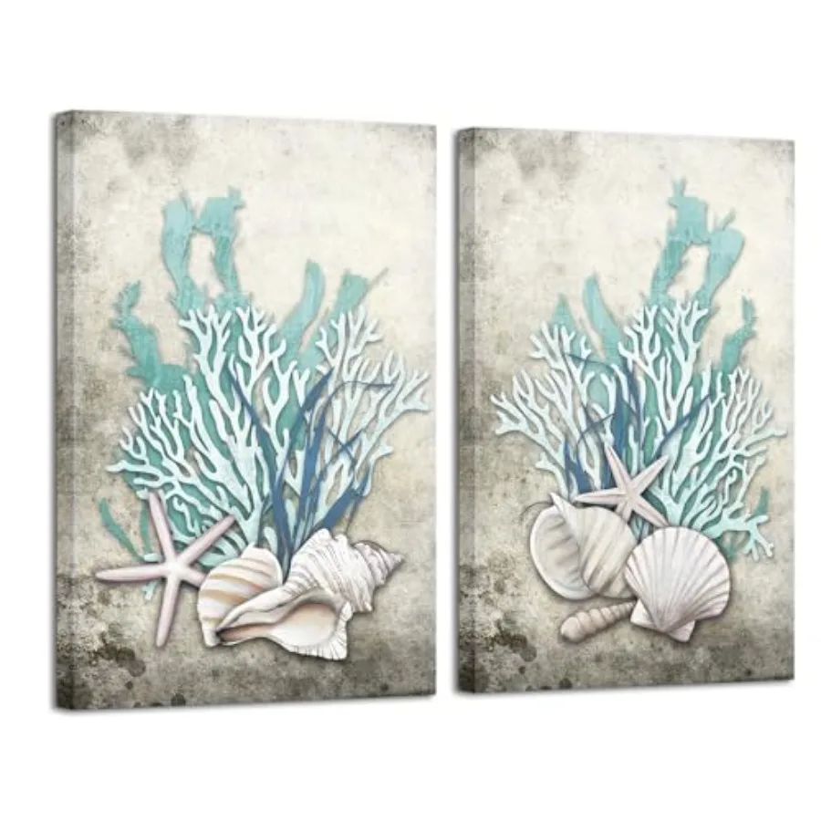 

2 Pieces Set Ocean Theme Canvas Wall Art Coastal Shell Starfish Coral Conch Picture for Bathroom Kitchen Office Living Room Dec