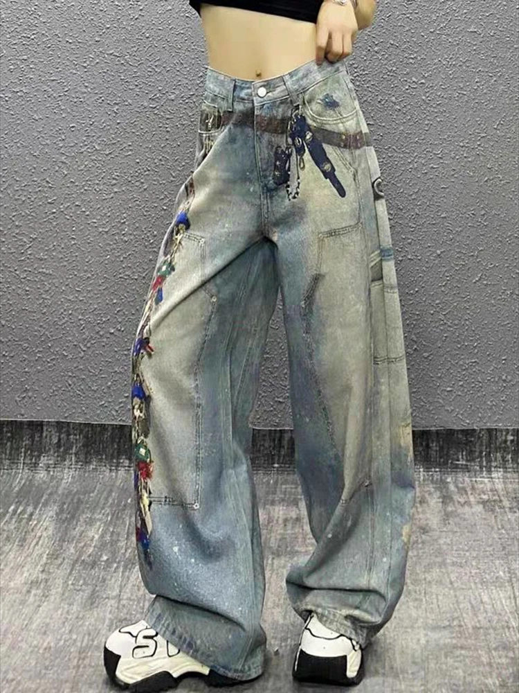 Pantalon ample à jambes droites, suspendu, design imprimé à la mode, couleur contrastée, style américain, jeans de rue, nouvelle collection été 2025