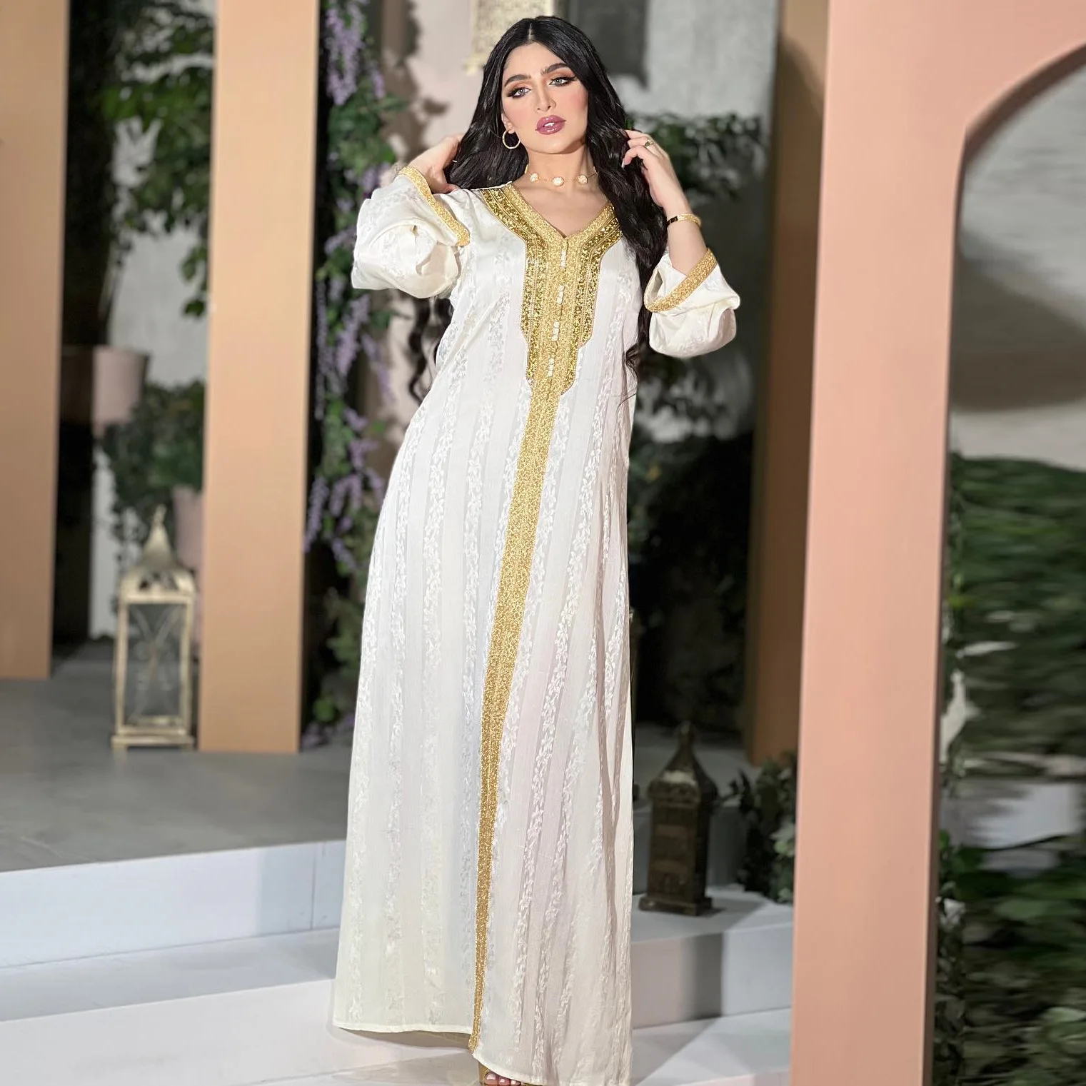 

Latest Design Middle East Abaya Dubai Rhinestone Lace White Satin Jacquard Dresses Women Abaya Muslim Women Dress