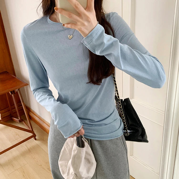 Spring Autumn T Shirt Women Tops Solid Long Sleeve Ruched O Neck Tshirts Female Korean Casual Streetwear High Quality Base Tees