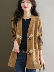 2023 Primavera e Outono Nova Moda Feminina Cowhorn Botão Comprimento Médio Camisola Casaco Cardigan das Mulheres Preguiçoso Solto Outwear De Malha