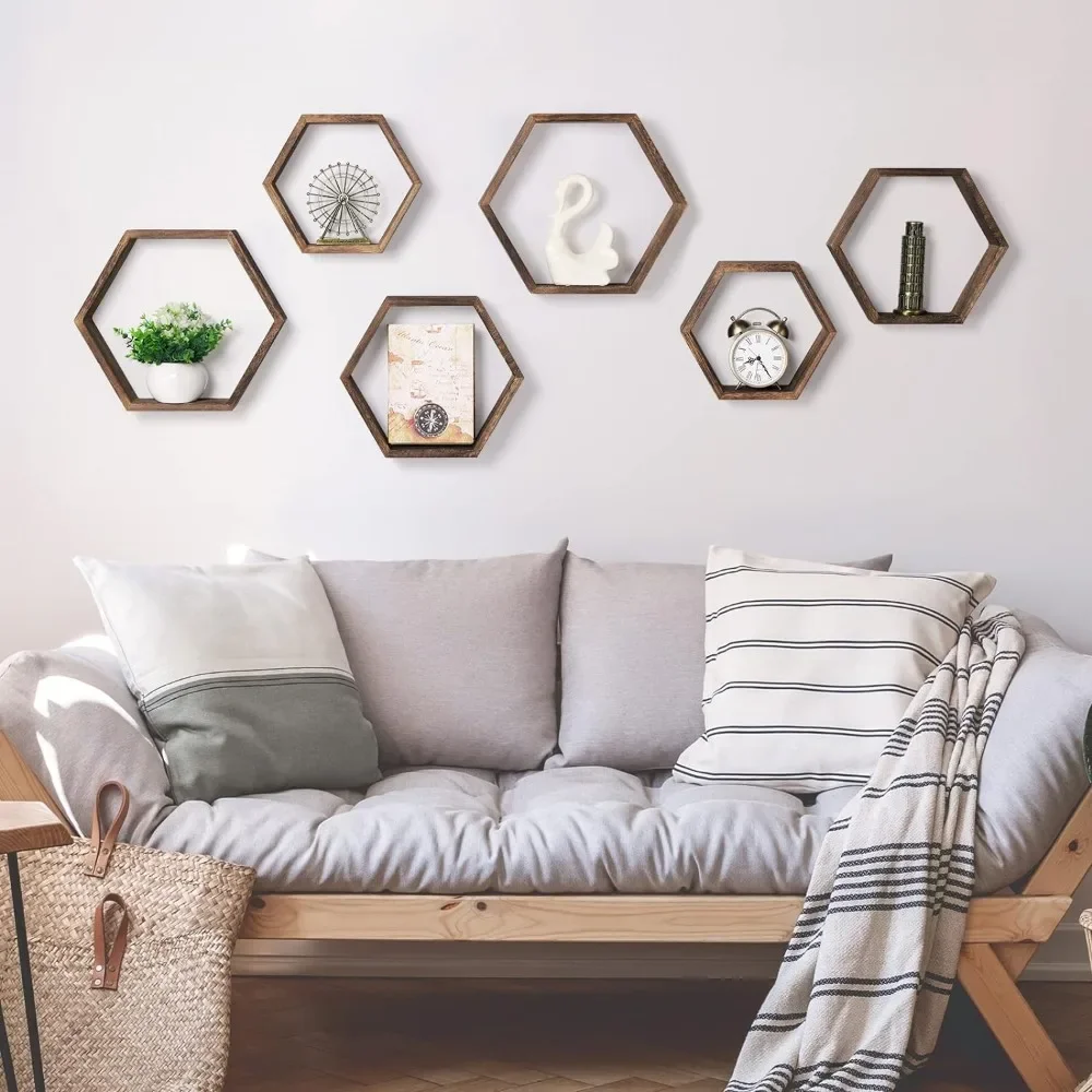 Wall Storage Shelf Wood Display Hexagonal Shelves  Mounted Hanging Bedroom Living Room Hallway Office Decor