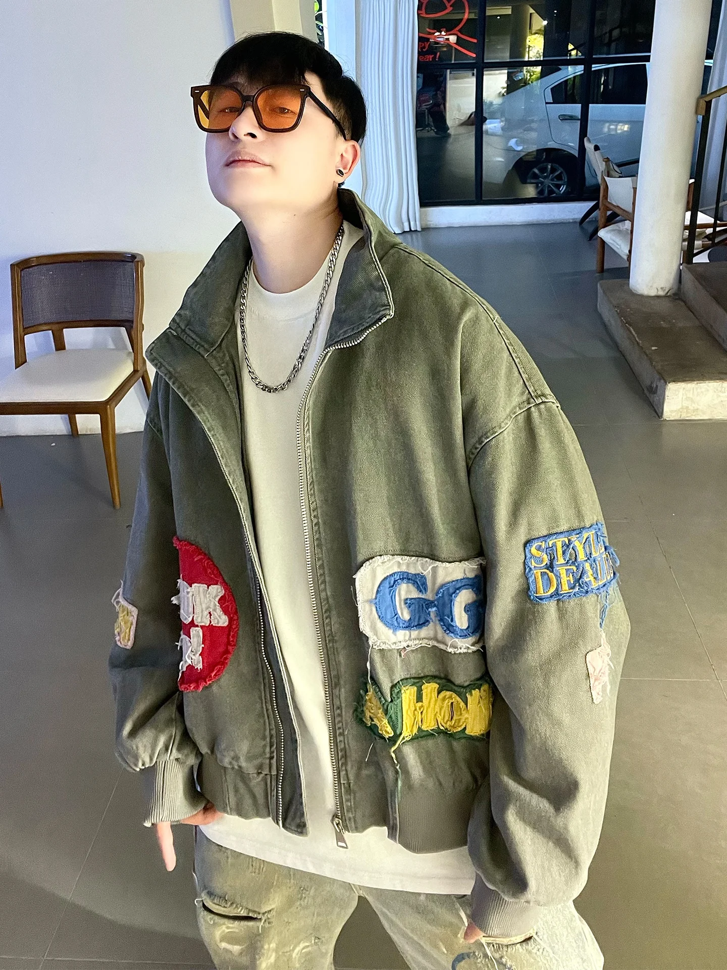 

Trendy Brand Zipper Patchwork Loose Baseball Sle Jaet for Men And Women Spring Casual Wear Cotton Denim Stand Collar