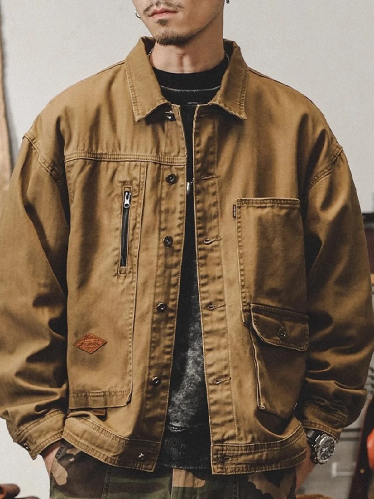 

American Sle Men's Retro Heavy Cotton Jaet Spring Autumn Hard Man Hunting Coat Ame a Youth Faion Loose Fit Long Sve