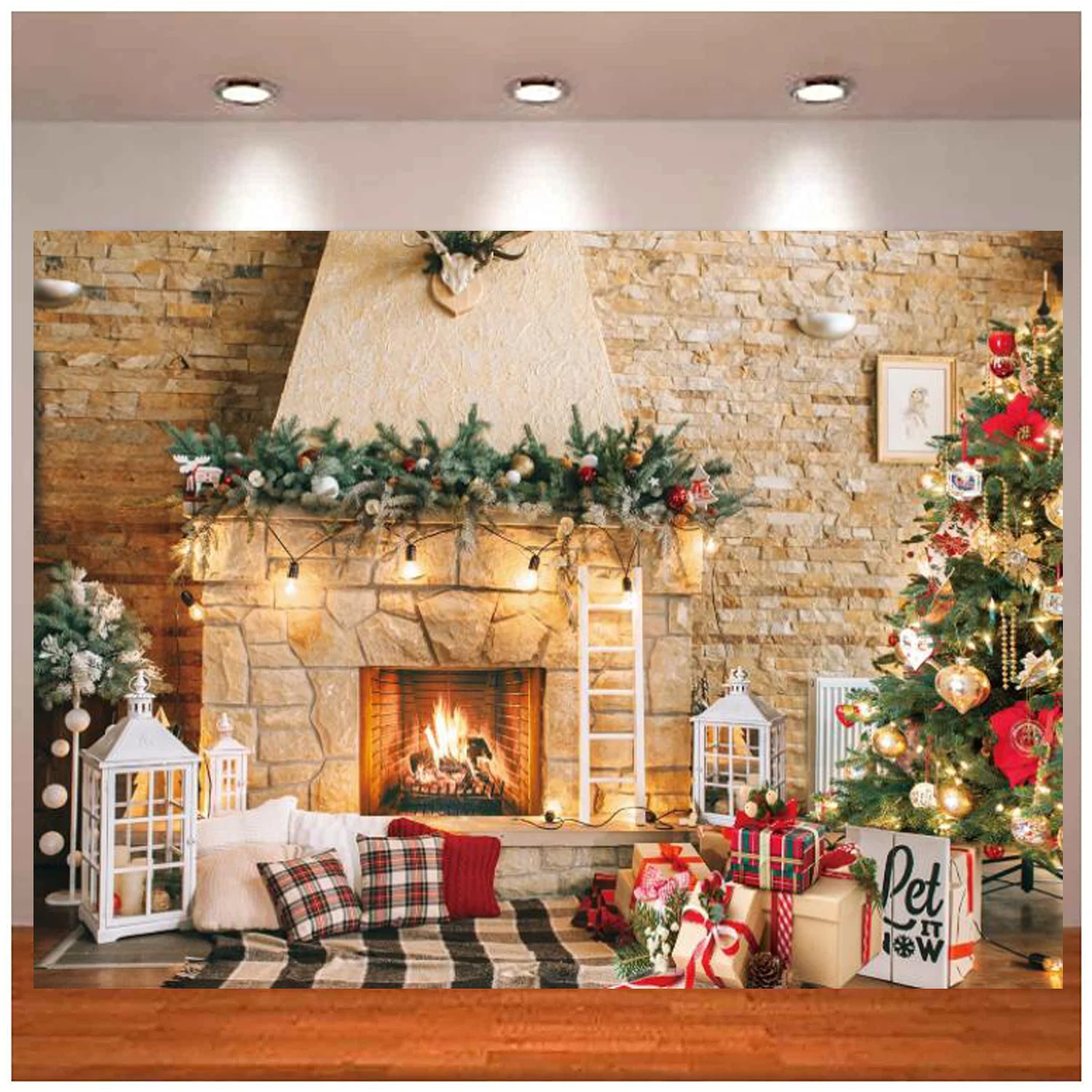 Christmas Fireplace Decorations Photography Backdrop Poster Stove Fireplace Gift Banner Xmas Theme Party Background