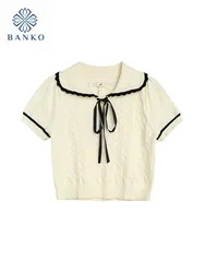 T-shirt con colletto rovesciato Casual eleganza francese estate donna Y2k stile Preppy Sweet Slim Bow Knit top moda Solid Short Tees