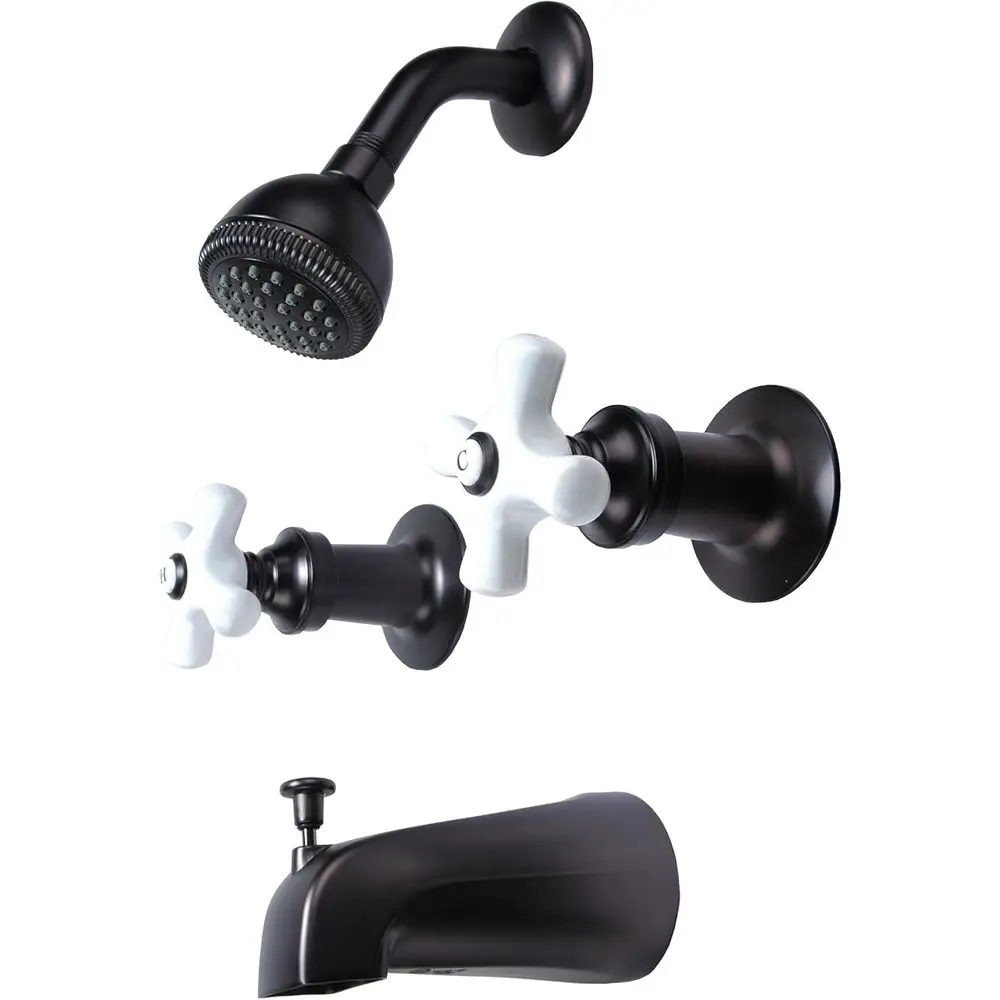 

Dual Handle Tub and Shower Faucet, Oil-Rubbed Bronze Finish, Porcelain Handles, Compression Stems