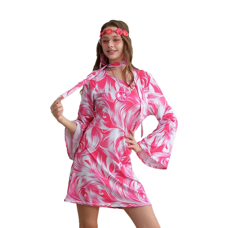 7 peças roupa de discoteca hippie traje feminino rosa estilo retro roupas vestido sinal de paz acessórios jóias dia das bruxas