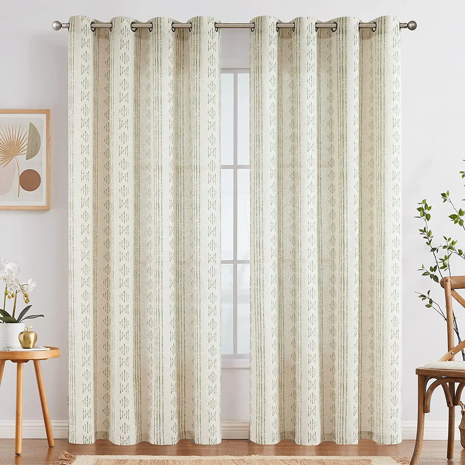 Boho Curtains Linen Curtains for Living Room Geometric Striped Light Filtering Bedroom Window Green on Beige, 4 panels / Set