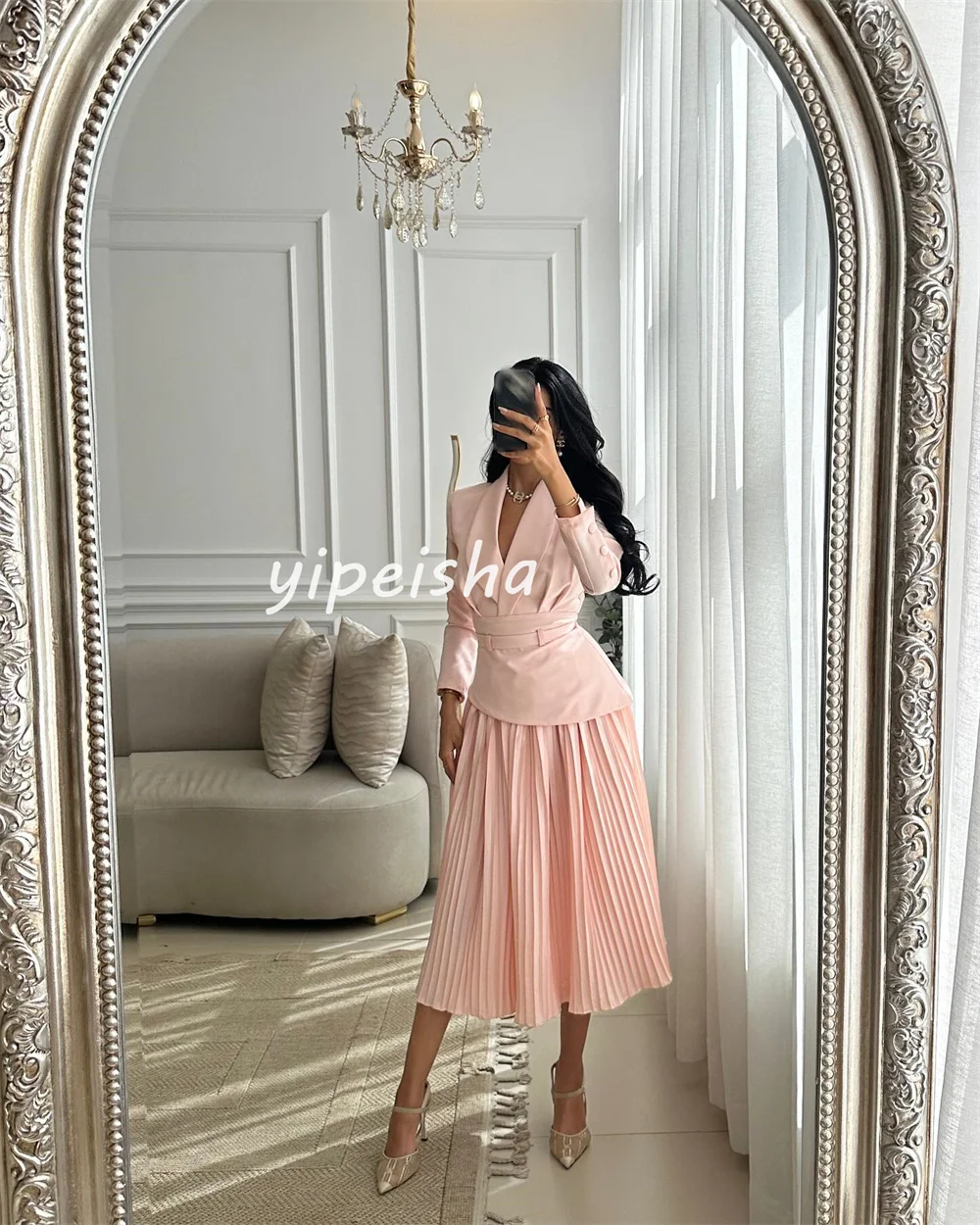 Formal Sizes Available Jersey Pleat Draped Button Sash A-line V-neck Midi Dresses Homecoming Dresses Matching High Quality Retro