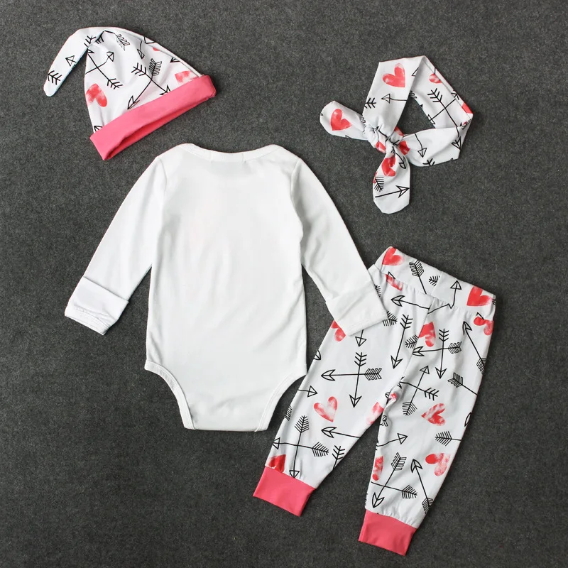 Baby Girl Clothes Set Letter Long Sleeve Bodysuit+Pant+Hat+Headband 4Pcs/Suit Pink Princess Costume Toddler Jumpsuit Kid A646