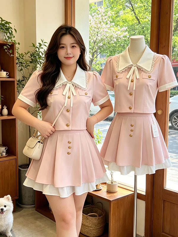 

plus Size Women's Knot Collar Short Sleeve Shirt High Waist Pleated Skirt Set Summer Fashion Korean Style Loos...