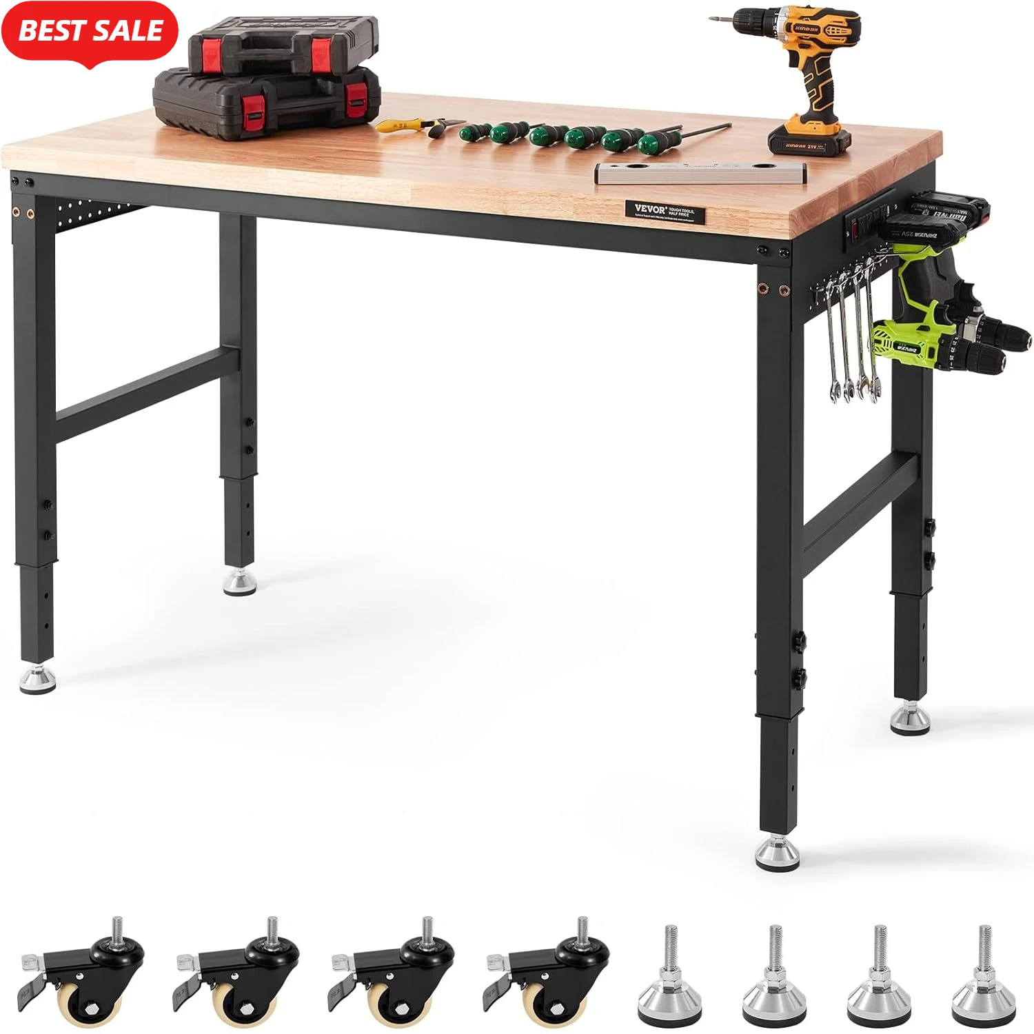 

Adjustable Workbench, 48" L X 24" W Garage Worktable with Universal Wheels, 28-39.5" Heights & 2000 LBS Load Capacity