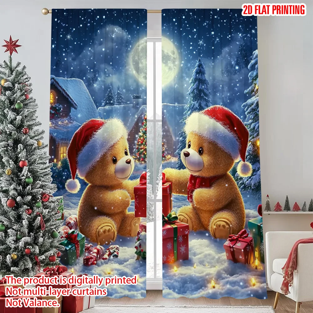 

2pcs 2D flat printing Christmas Curtains Christmas Bear Durable Polyester Without Electricity Holiday Decorations Use for Spring