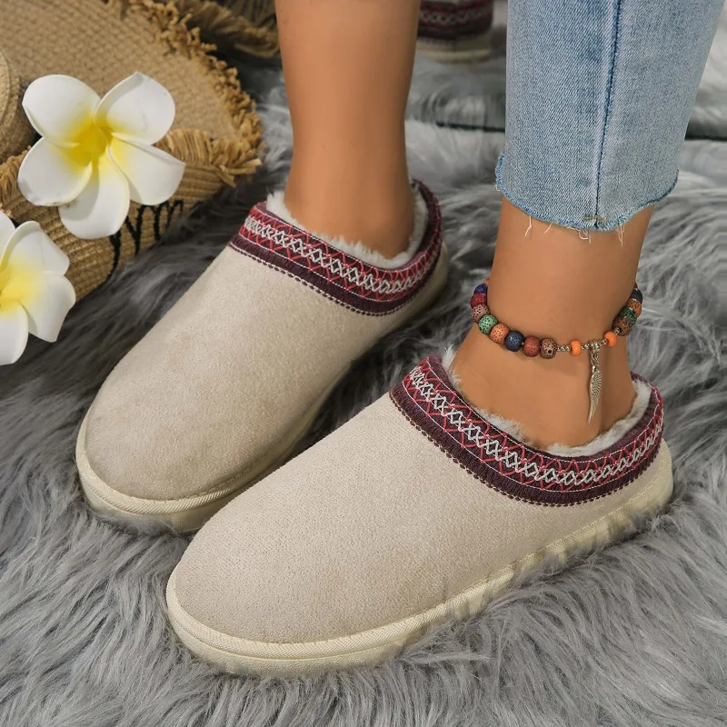 Women's warm suede snow boots autumn and winter one-step thick-soled boots closed-toe slippers thick-soled heelless slippers