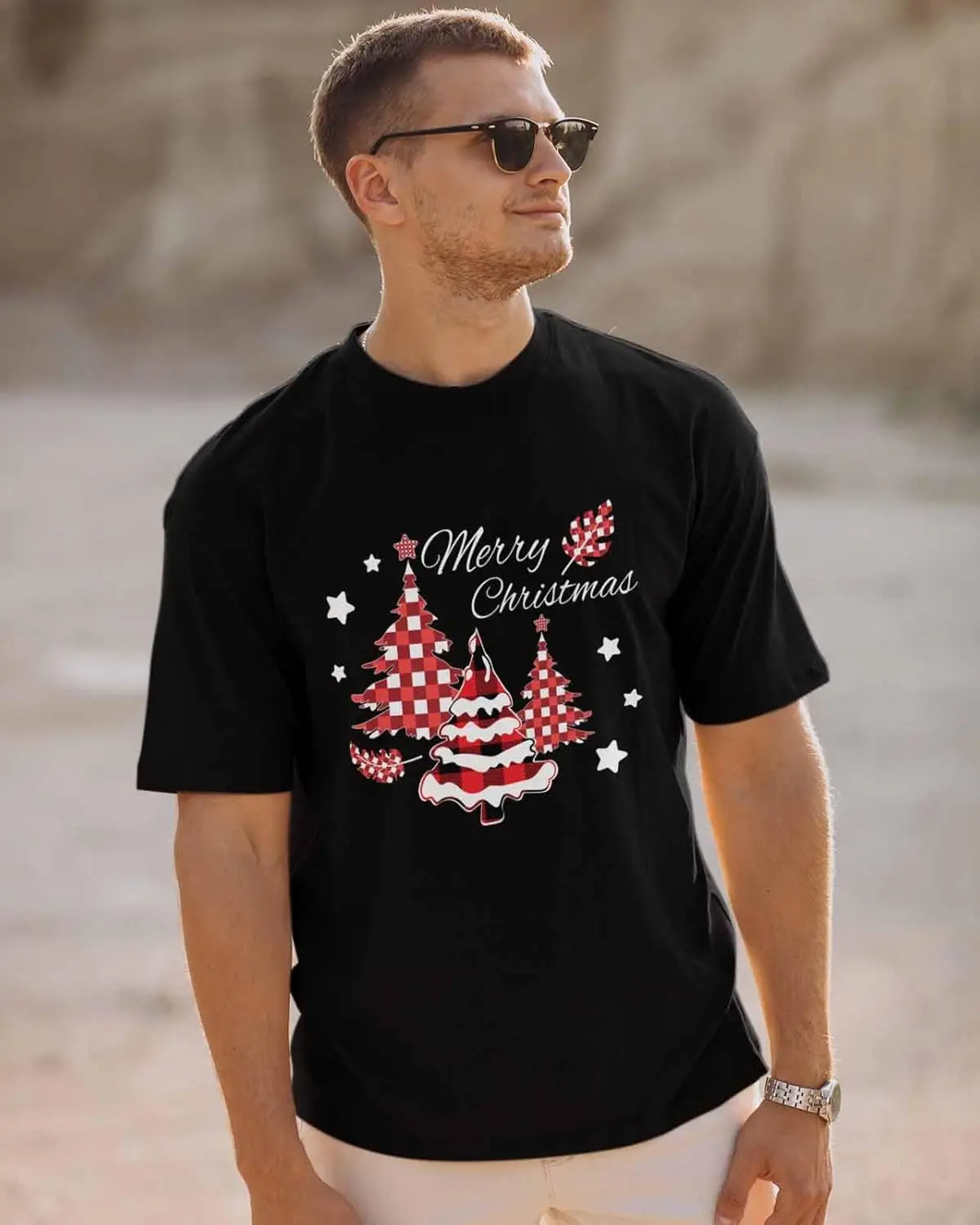 Men's T-Shirt, Novelty Graphic T-Shirt Merry Christmas Red Xmas Tree Stars Cotton Crew Neck Men's Short