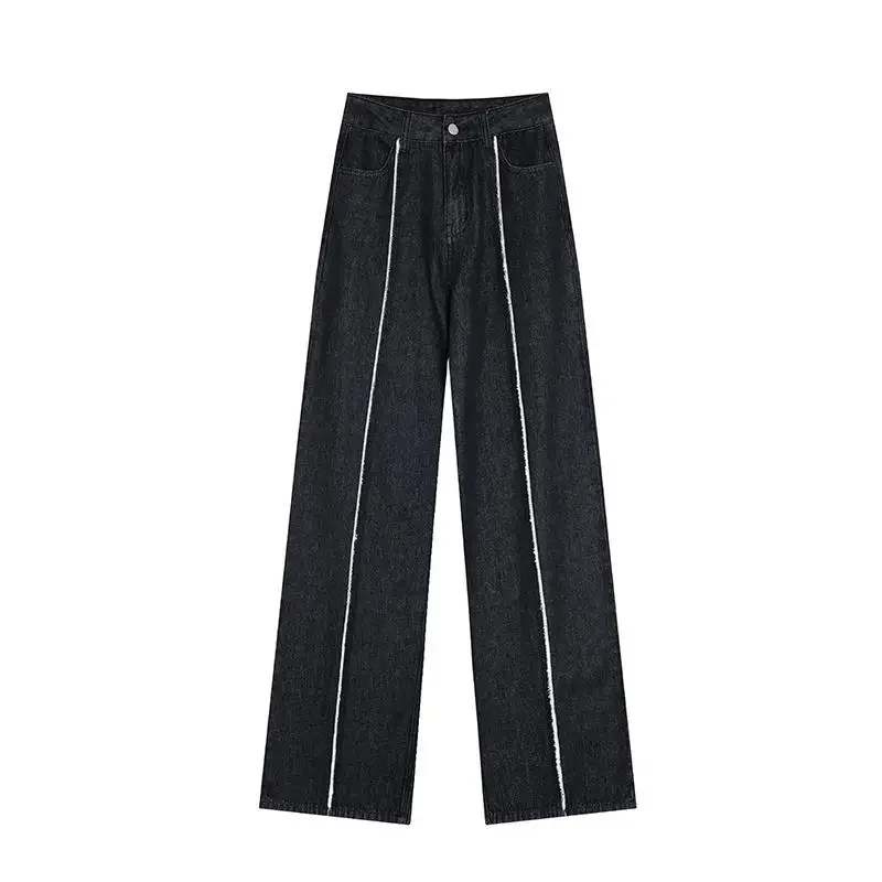 

2022 Women Bright Line High Waist Jeans New Straight Plus Size Loose Wide-leg Pants Black Denim Mopping Trousers S-4XL