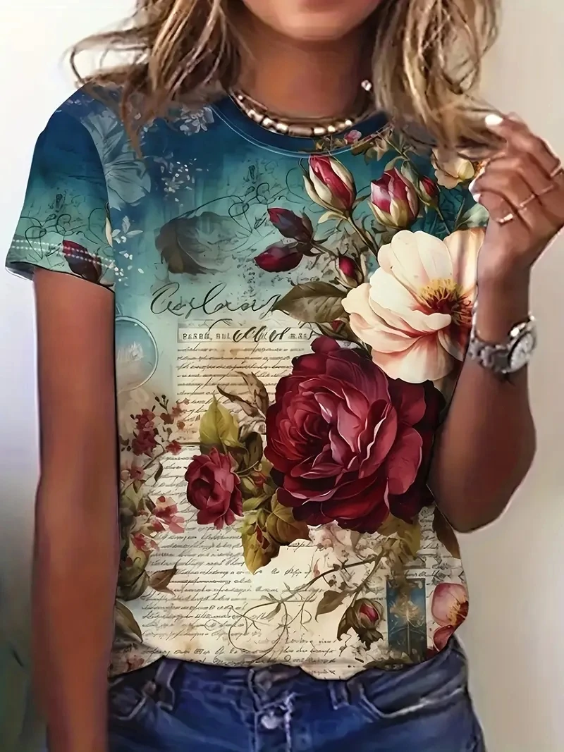 

Женская футболка с короткими рукавами и 3D-цветочным принтом размера PLUS, свободная и повседневная, мягкая, удобная и дышащая, для занятий спортом на открытом воздухе