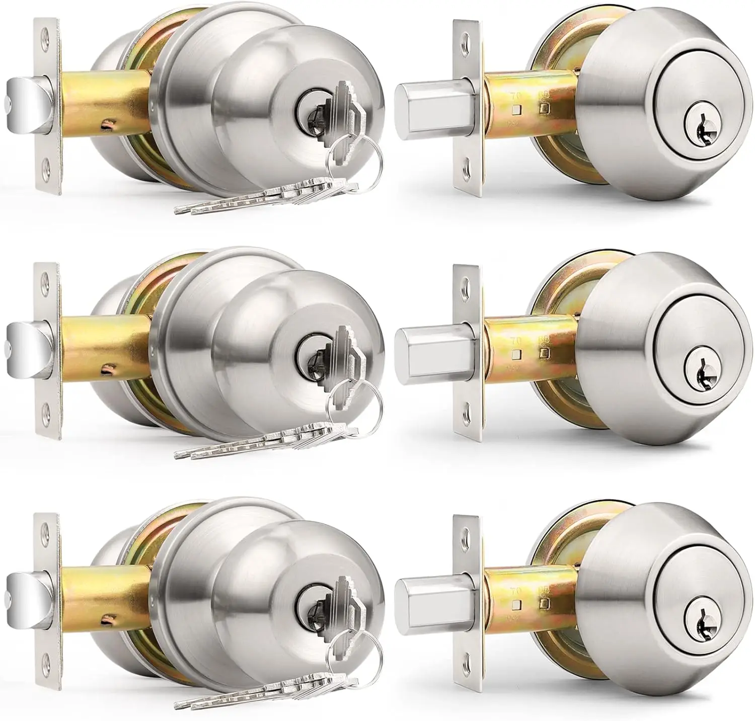 

3-Pack Exterior Door Knob and Deadbolt Lock Set, Brushed Nickel Finish, Keyed Alike for Easy Access
