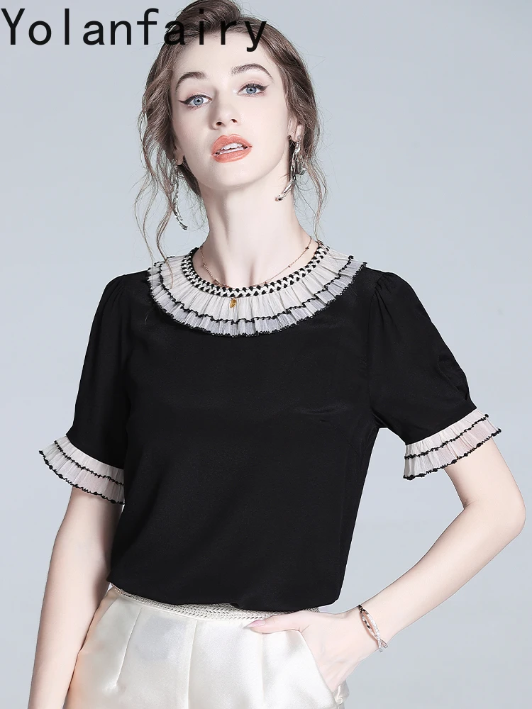 YOLANFAIRY New High Quality 100% Real Mulberry Silk T Shirts Woman Summer 2025 Elegant Womens Top Ruffled Black Tee Shirt Femme