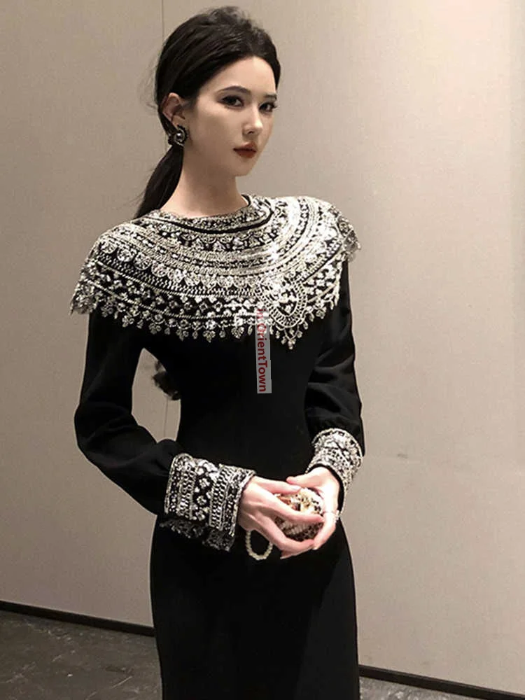 Excellent Workmanship Black Attire for Formal Occasions Stunning Birthday Evening Gown Autumn Winter Dinner Party Dress TP052 view 5
