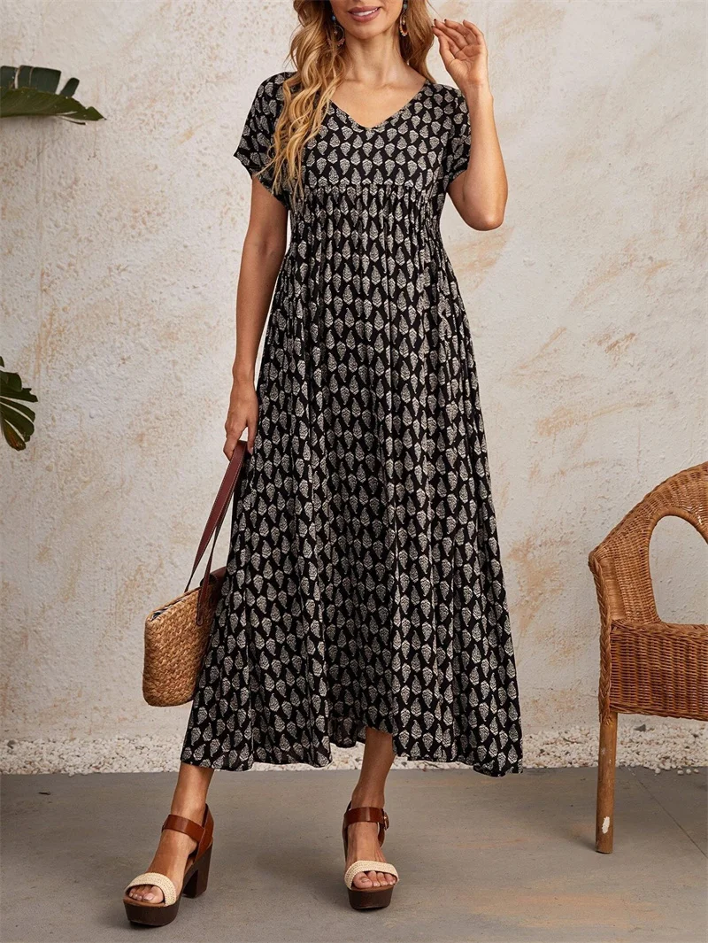 Elegant Print Bat Short Sleeve Dress Female Vintage Ethnic Style V Neck Pullover High Waist Dressy Women's Casual Commuter Basic