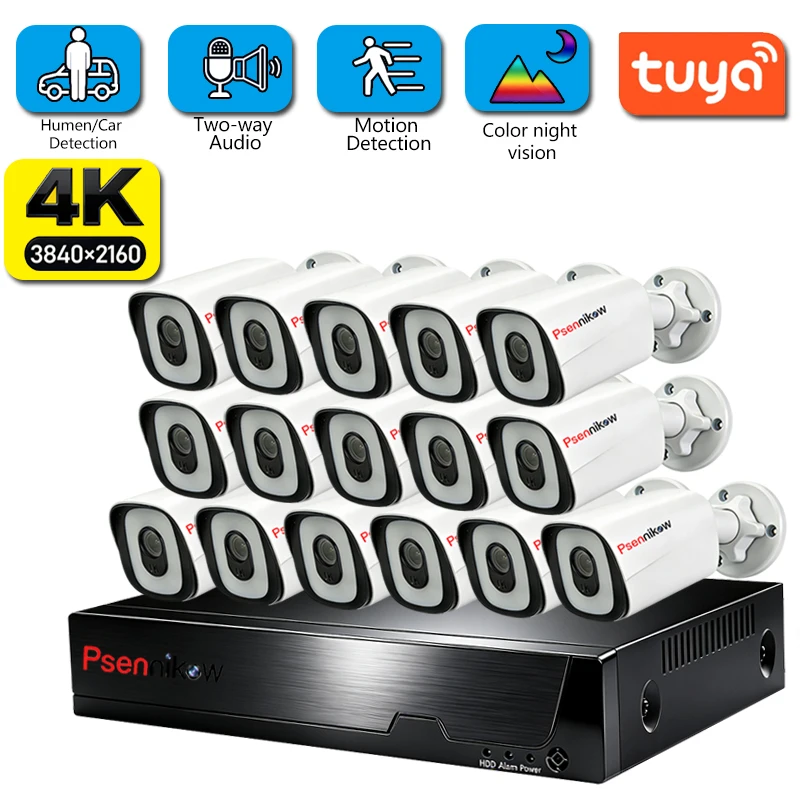 

4K Ultra 16CH POE IP-камера Система безопасности Ночное видение 1080P HD Запись 2-стороннее аудио Всепогодный комплект наружного наблюдения