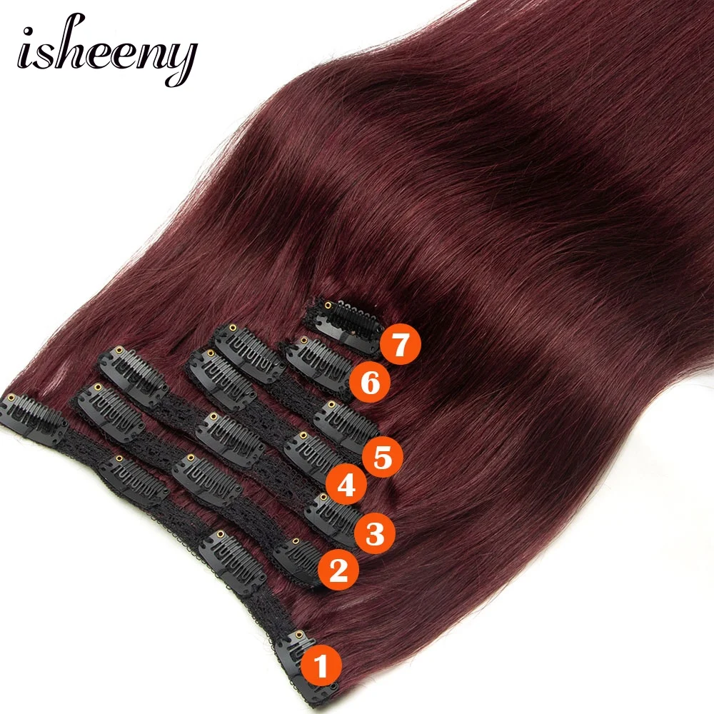 Burgundy Wine Red Clip In Hair Extensions Real Human Hair 12-24 Inch 7pcs/set Natural Clip ins 50g-140g isheeny Clip Hair