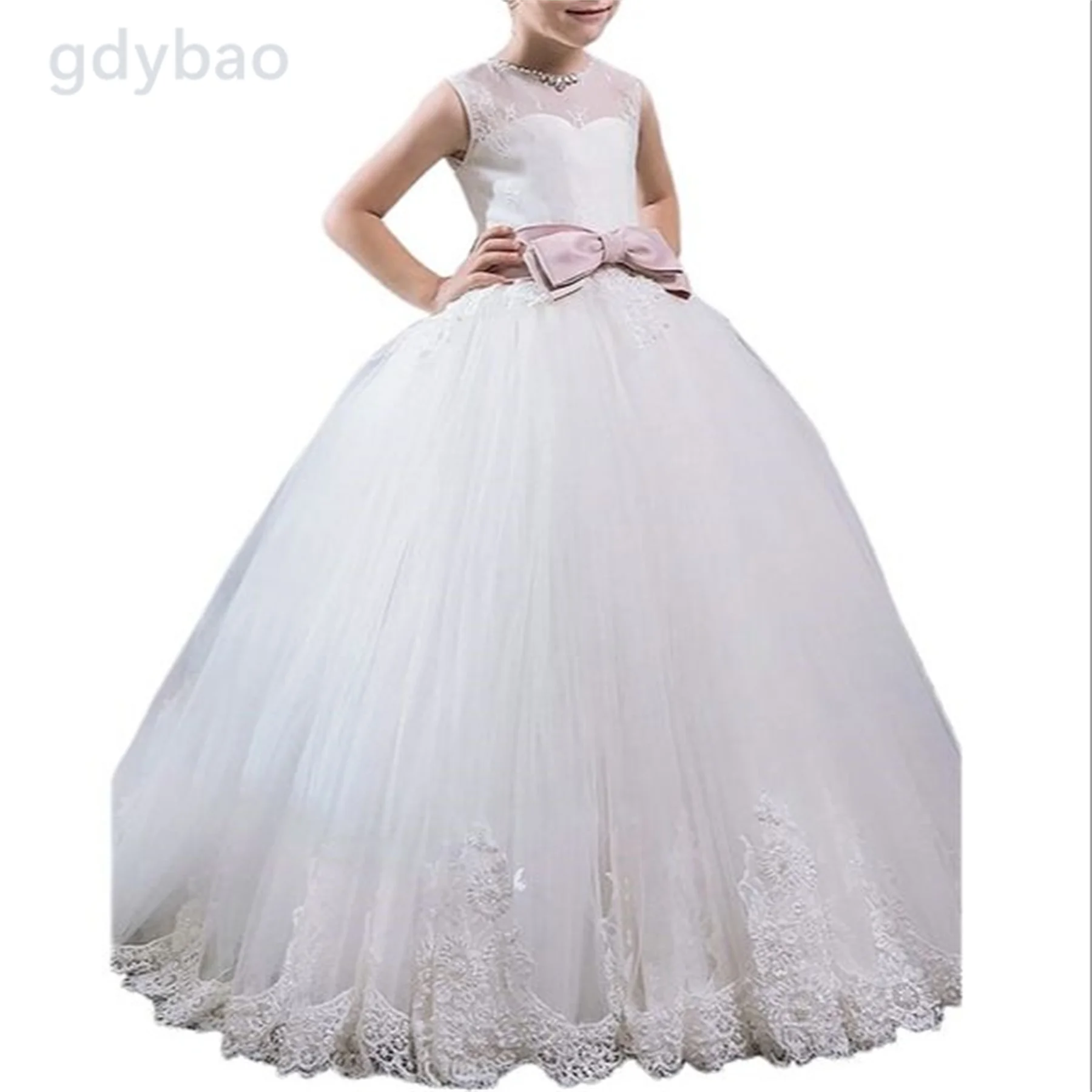 

White Lace Flower Girl Dresses For Wedding Big Bow Little Kids Beauty Pageant Ball Gowns Tulle Princess First Communion Wear