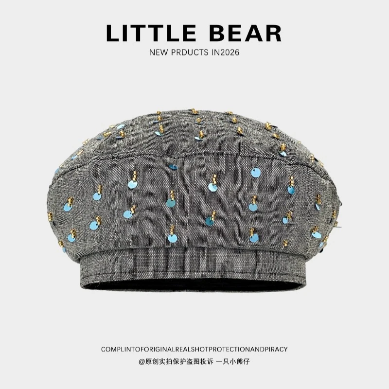 Niche Graue Pailletten-Design Achteckige Baskenmütze für Damen, Vielseitige Sommer- und Herbstmütze im Literarischen Stil, Newsboy-Malermütze für Damen – Detail 2