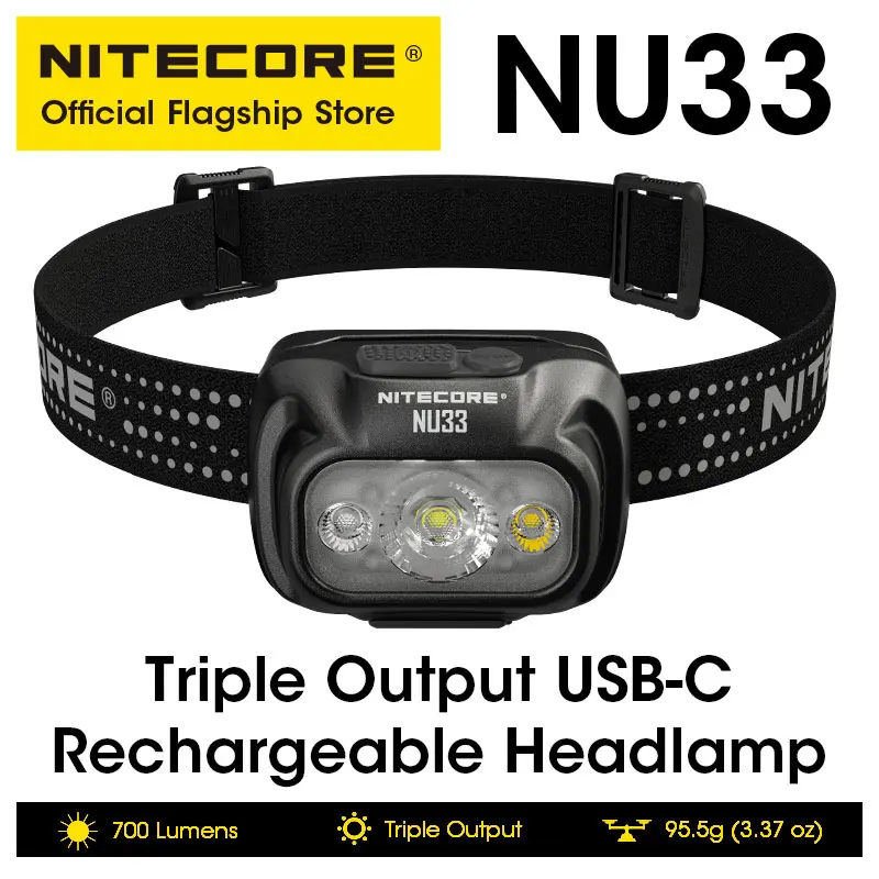 Nitecore USB-C farol recarregável, LED, saída tripla, 700 lumens, bateria embutida de 2000mAh, para acampar, luz de trabalho, pesca, NU33