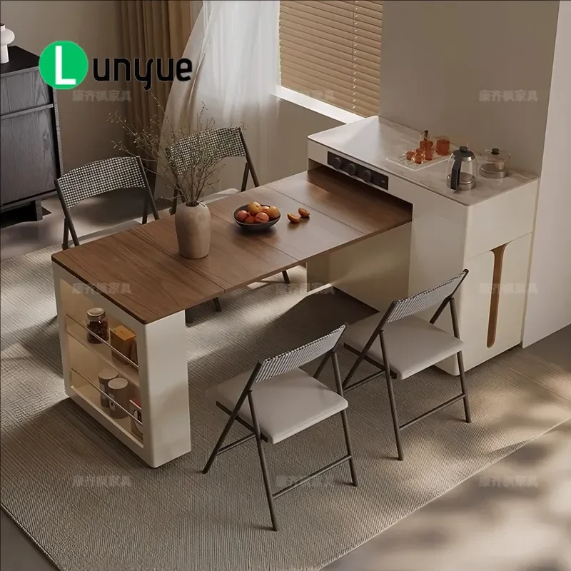Retractable Folding Island Dining Table with Mobile Side Cabinet Bar Guide Multifunctional Furniture for Small Apartment
